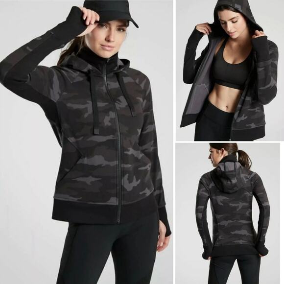 Athleta Black/Gray Camo Triumph Printed Hoodie Full Zip High Impact Size Small - Picture 1 of 15